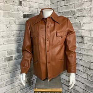 Vintage 70s Camel Faux Leather Shirt Jacket Retro Disco Collar Coat Shacket